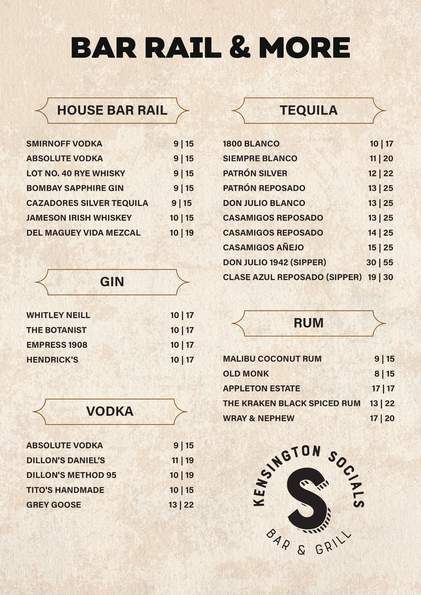 Kensington Socials bar rail, beer and wine menu