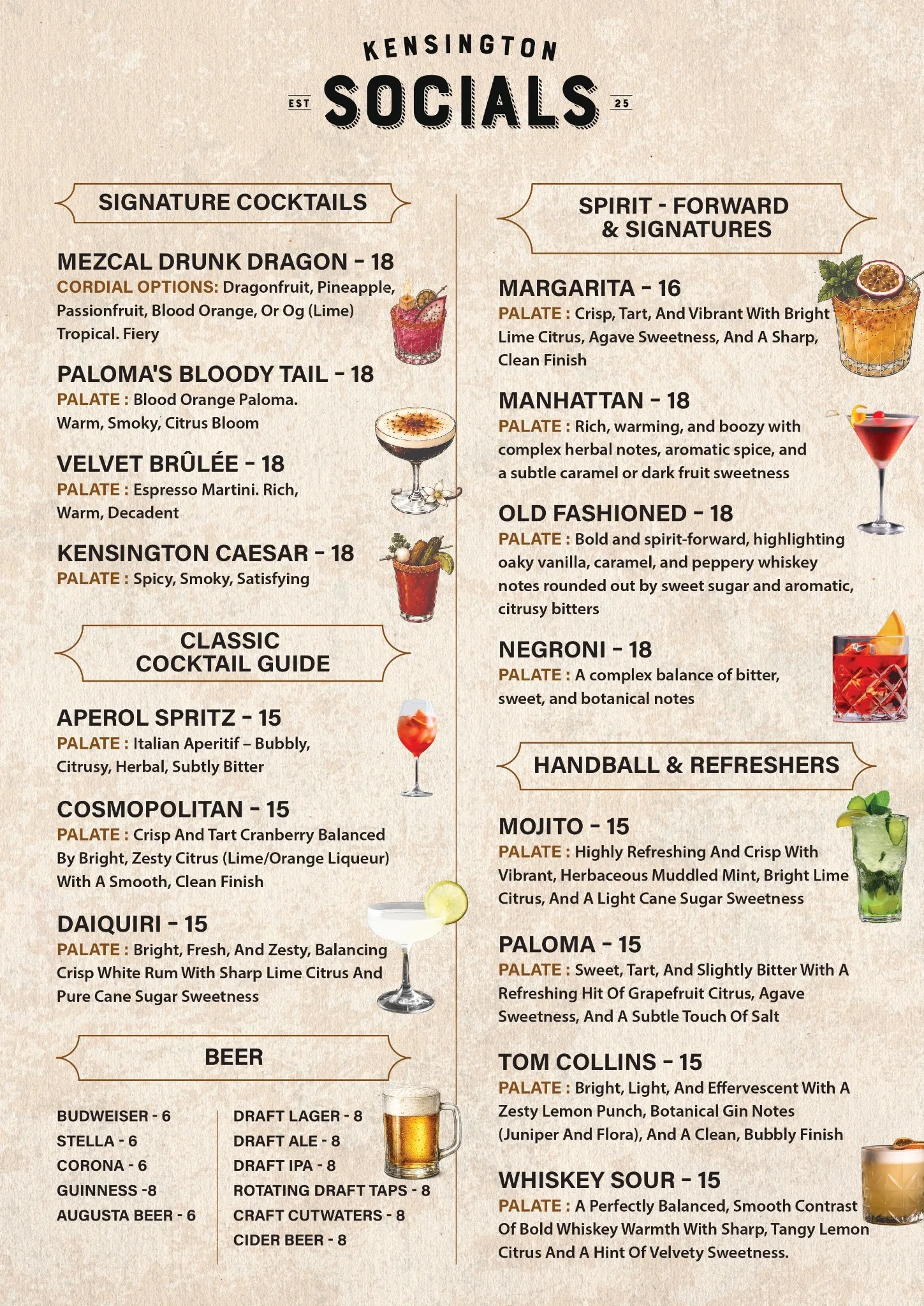 Kensington Socials cocktails and drinks menu