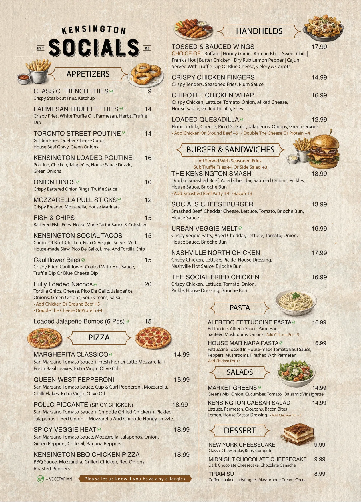Kensington Socials full food menu — burgers, pizza and more