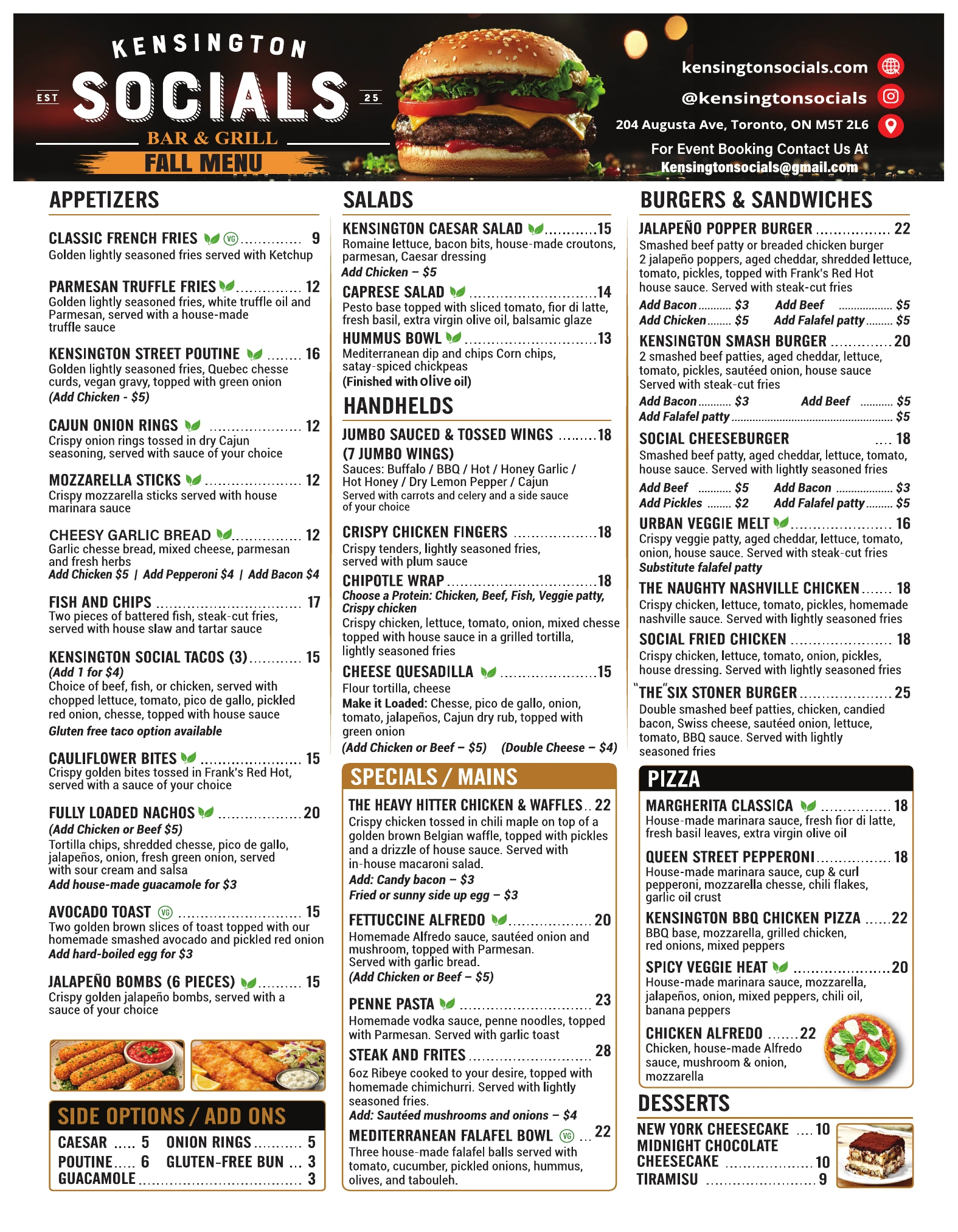 Kensington Socials full food menu