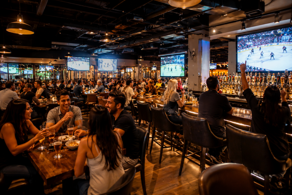 A vibrant interior view of a modern sports bar filled with fans watching a game on massive screens while enjoying refreshments.