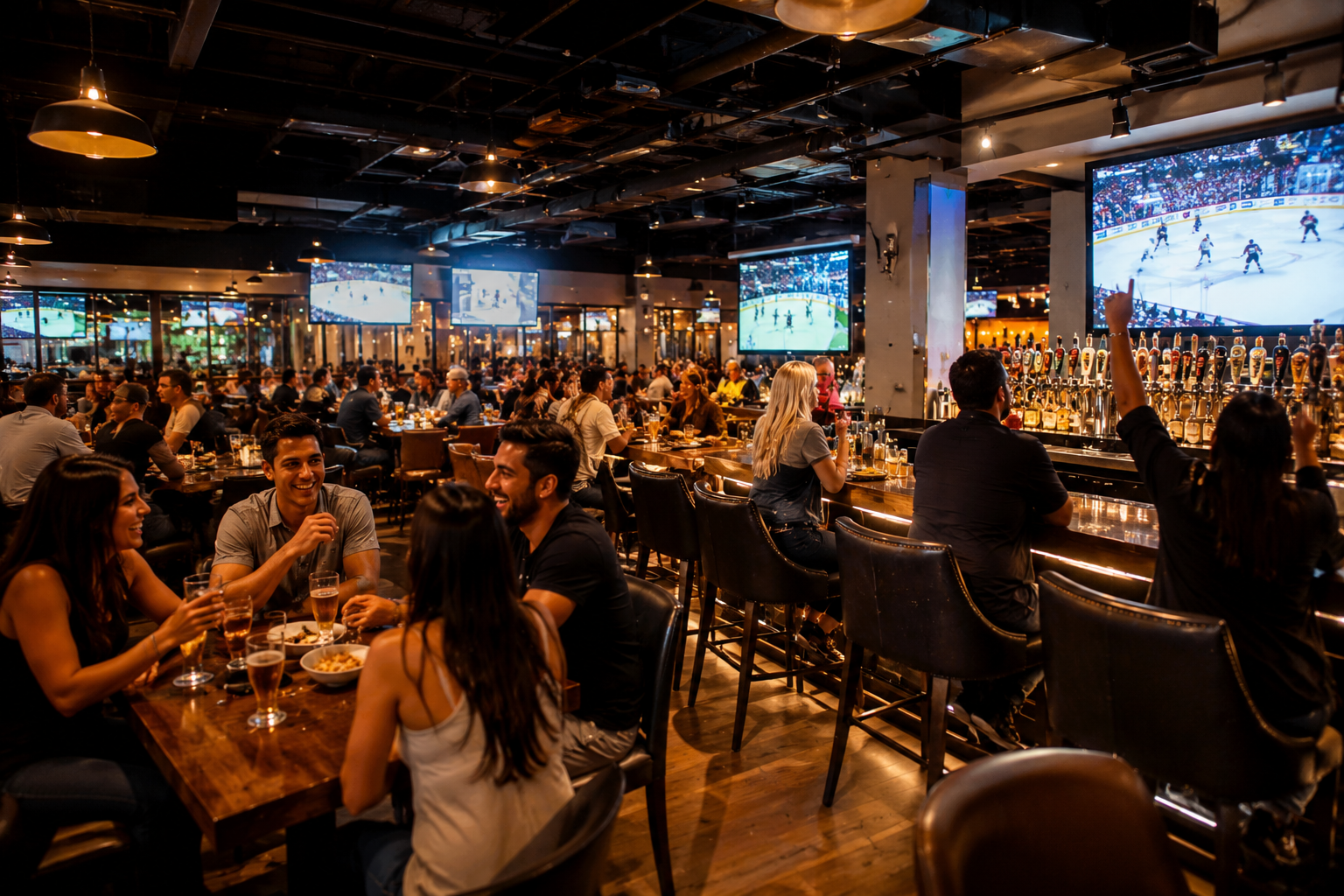 A lively interior view of a modern sports bar filled with fans watching a game on massive screens while enjoying refreshments.