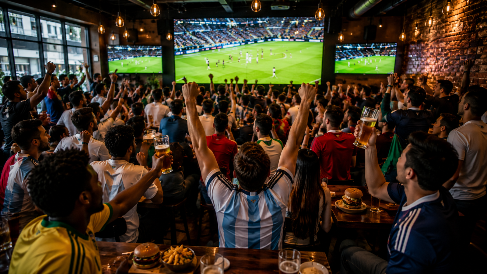 A crowded Toronto sports bar filled with passionate soccer fans cheering at massive screens during a World Cup match.