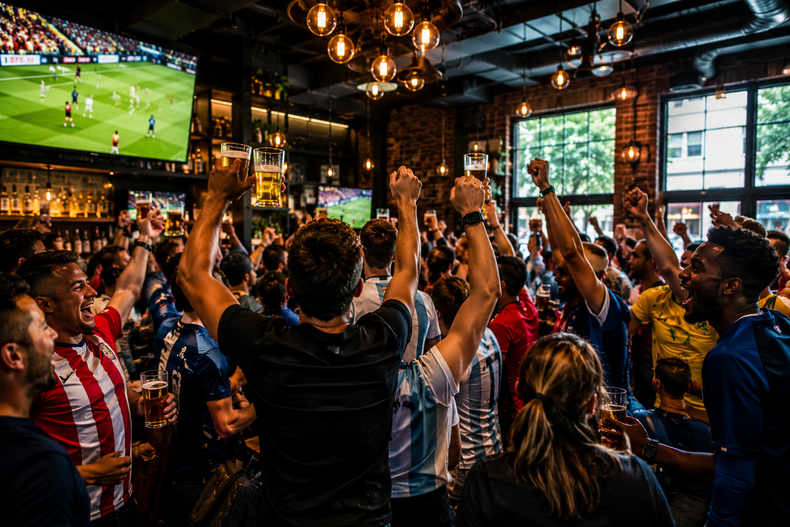 Enthusiastic soccer fans cheering at one of the best soccer bars in Toronto during a live match.