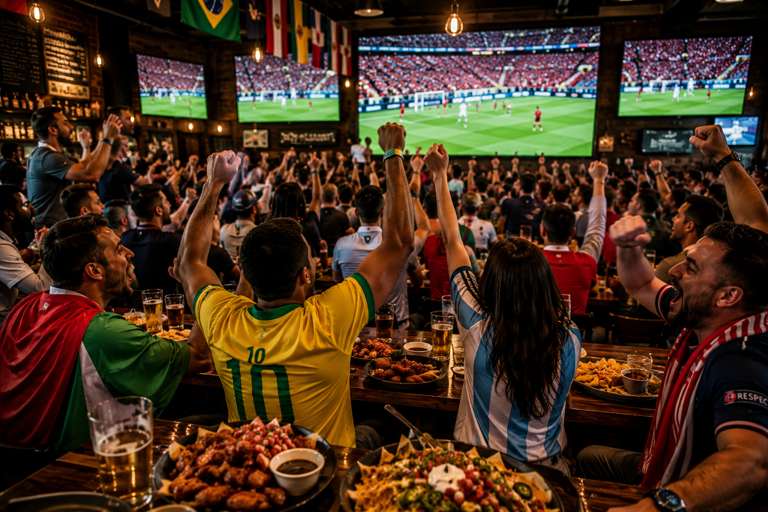 A lively group of soccer fans cheering during a thrilling FIFA World Cup watch party in Toronto.