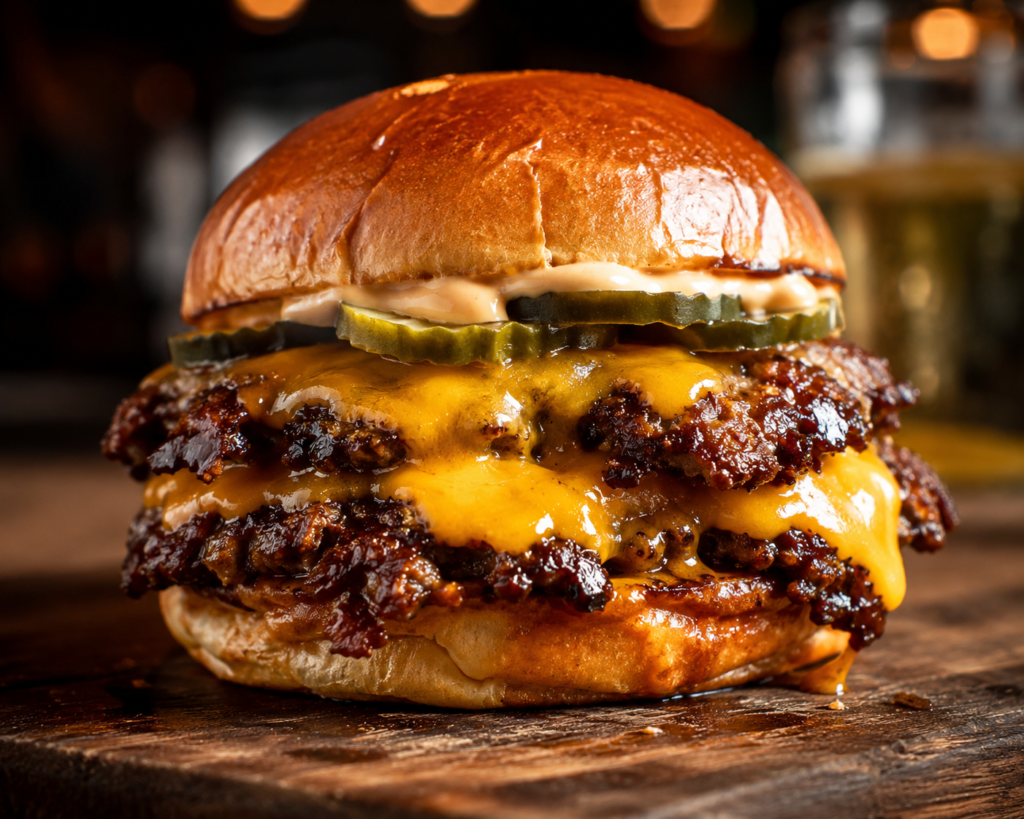 A mouth-watering, gourmet double smash burger with melted cheddar cheese and pickles on a soft brioche bun.