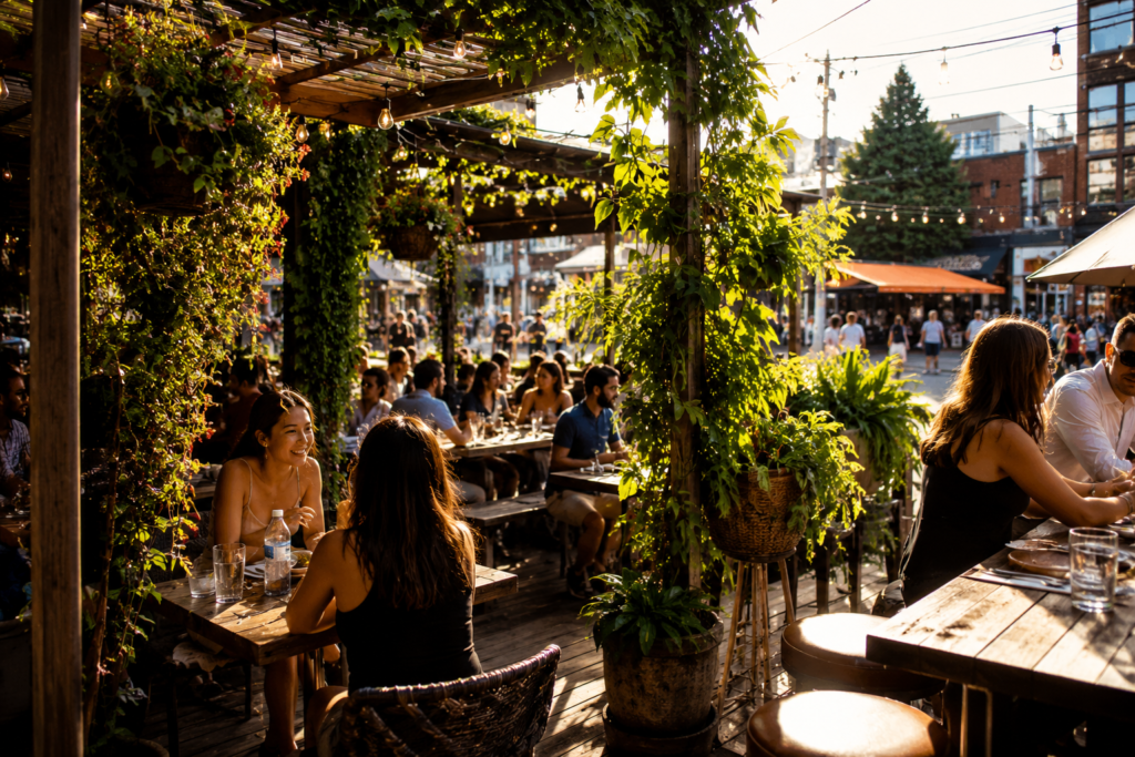 A vibrant, sun-drenched outdoor dining patio in Kensington Market, Toronto, featuring rustic tables, lush greenery, and a lively summer atmosphere.